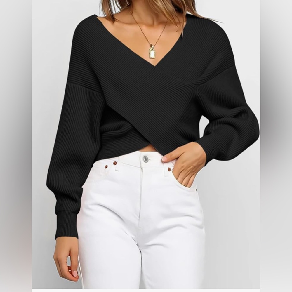 BTFBM Off The Shoulder V Neck Long Sleeve Ribbed cross Wrap Cropped Large NWT